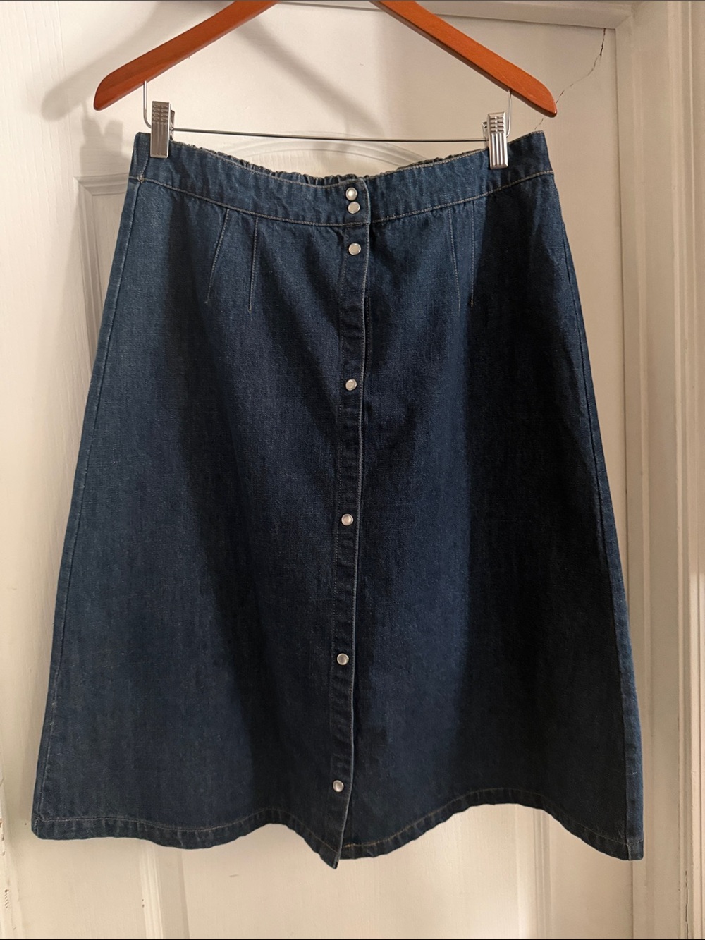 DownEast Dark Blue Denim A-Line Button-Front Skirt